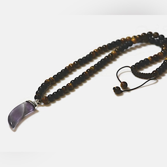 Tribal Long Beaded Necklace w/ a Horn Tusk Pendant Amethyst Tiger Eye Black Onyx - Picture 2 of 7